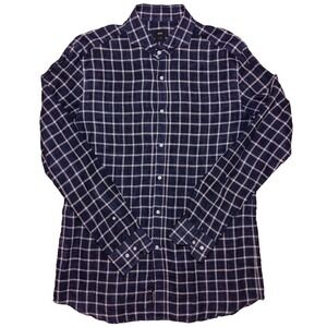 HUGO BOSS 100% Linen Long Sleeve Shirt Italy Cotonificio Albini Blue Plaid 17.5